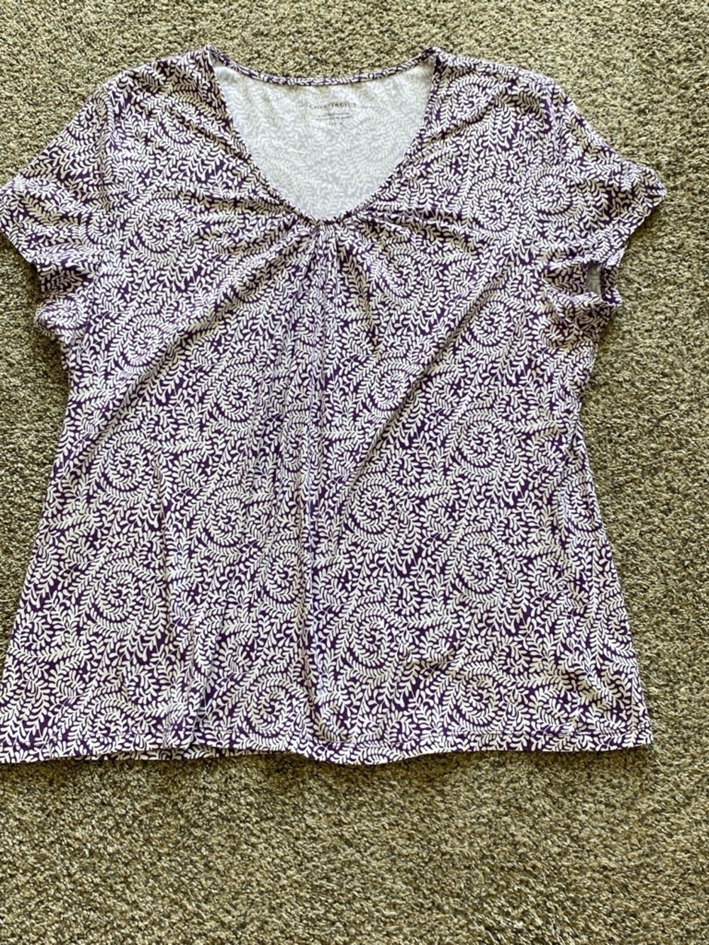 Charter Club Women’s Purple & White Printed V-Neck Tee Size XL